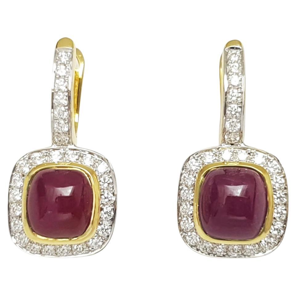 Cabochon Ruby with Diamond Earrings set in 18K Gold Settings