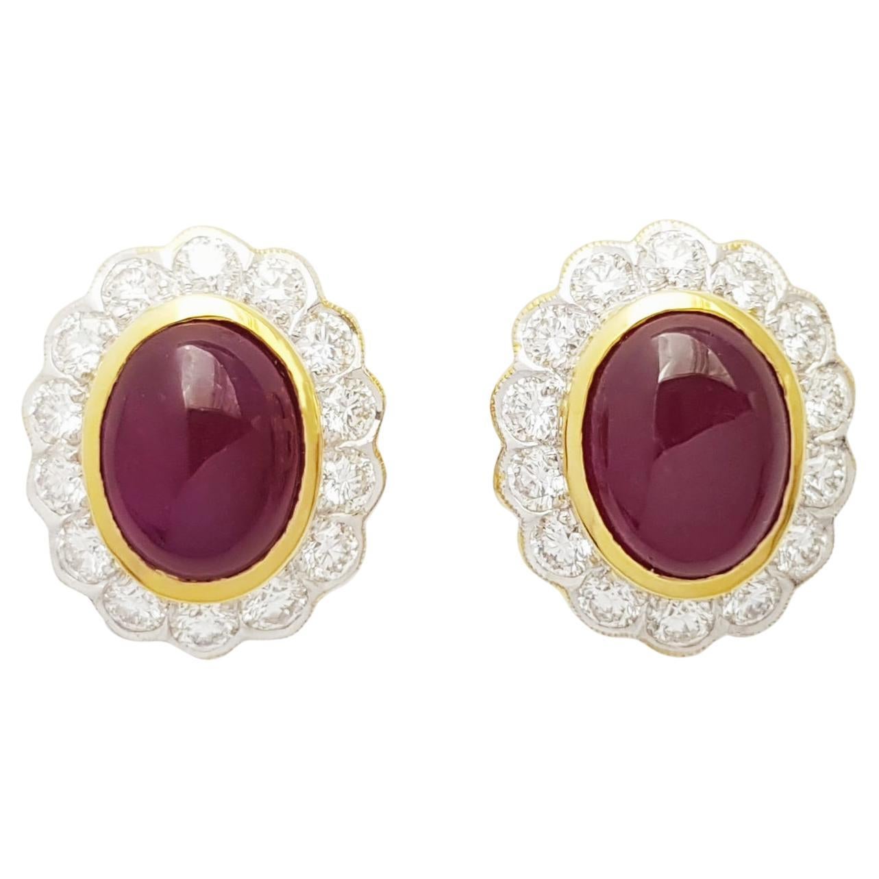 Cabochon Ruby with Diamond Earrings set in 18K Gold Settings