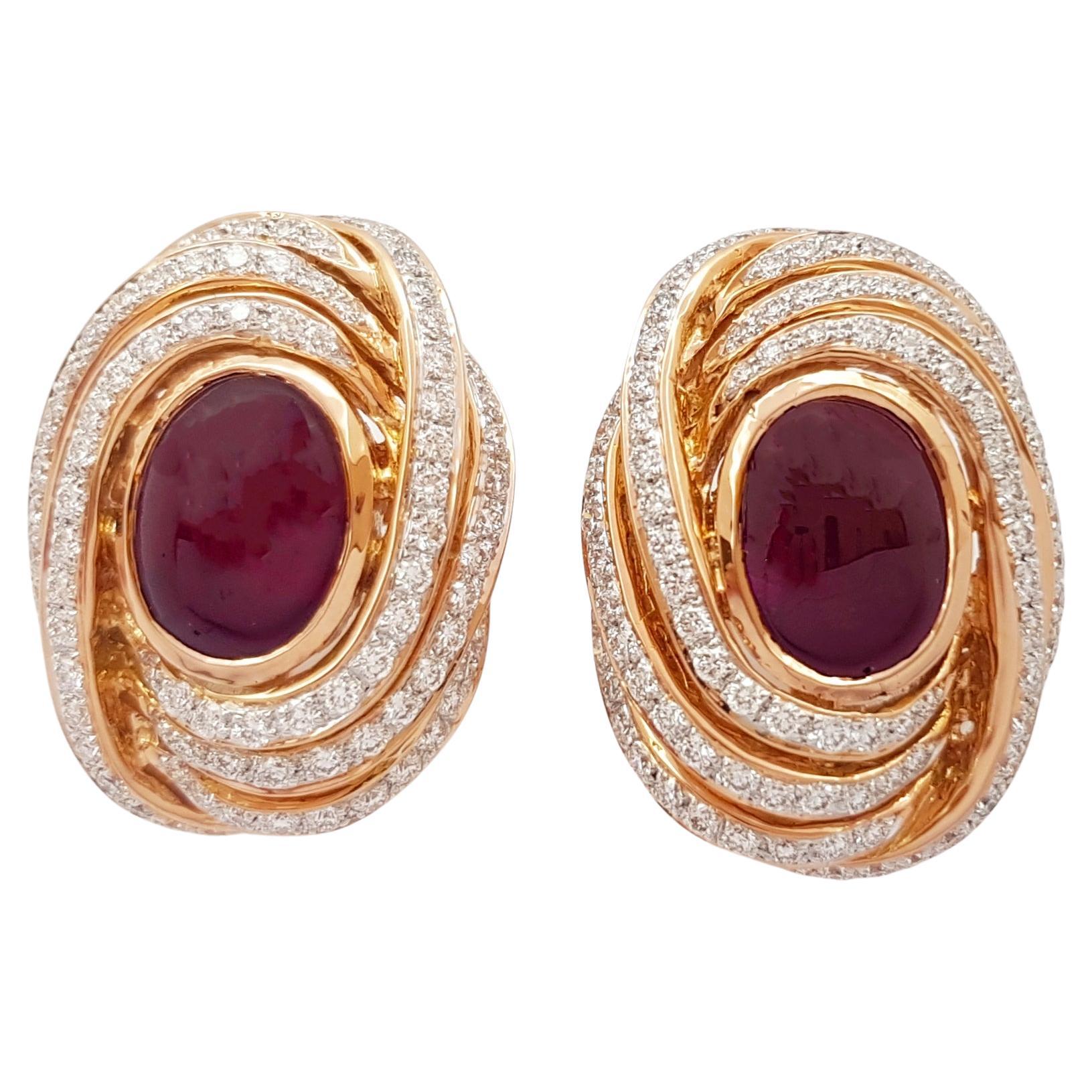 Cabochon Ruby with Diamond Earrings set in 18K Rose Gold Settings For Sale