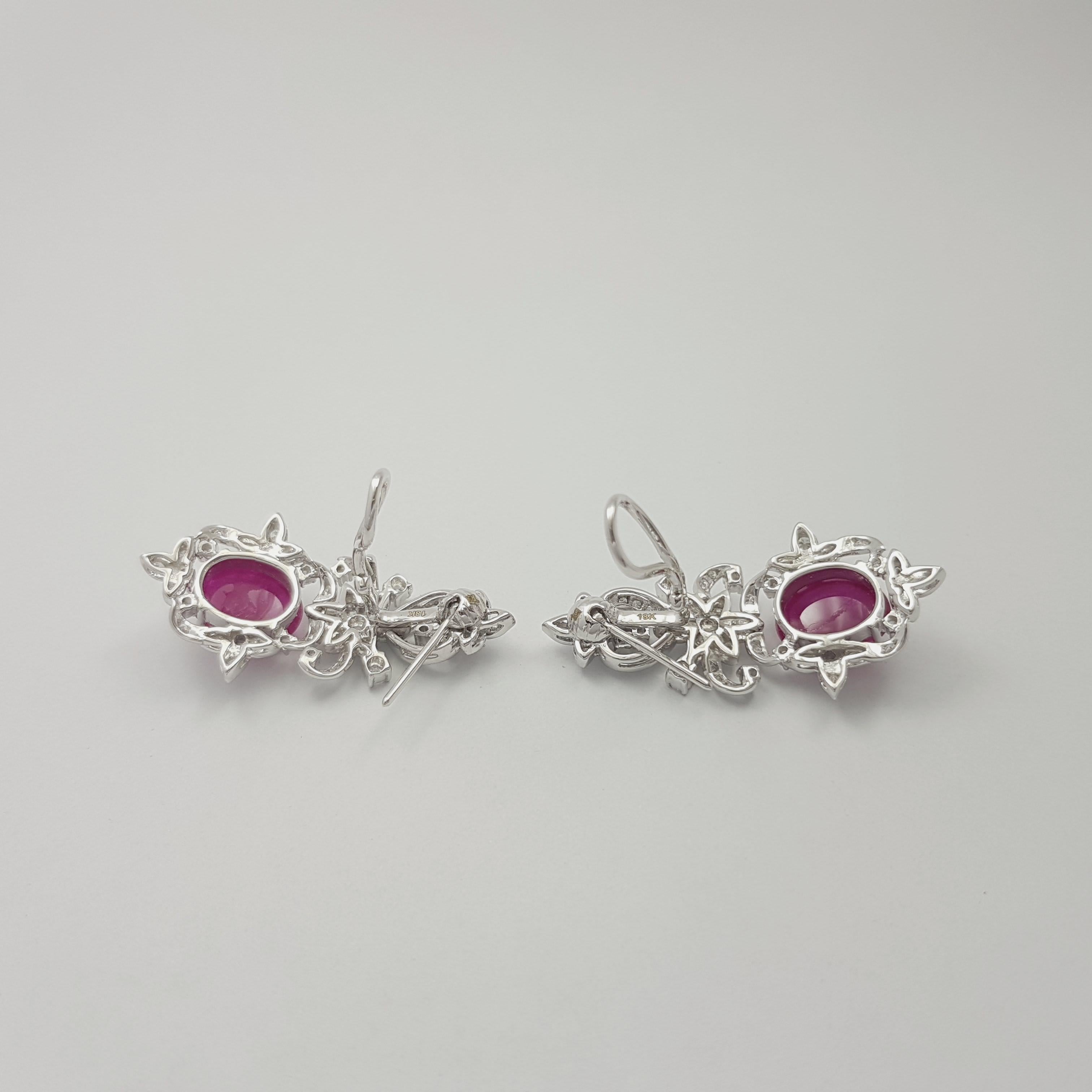 Cabochon Ruby with Diamond Earrings set in 18K White Gold Settings in vendita 5