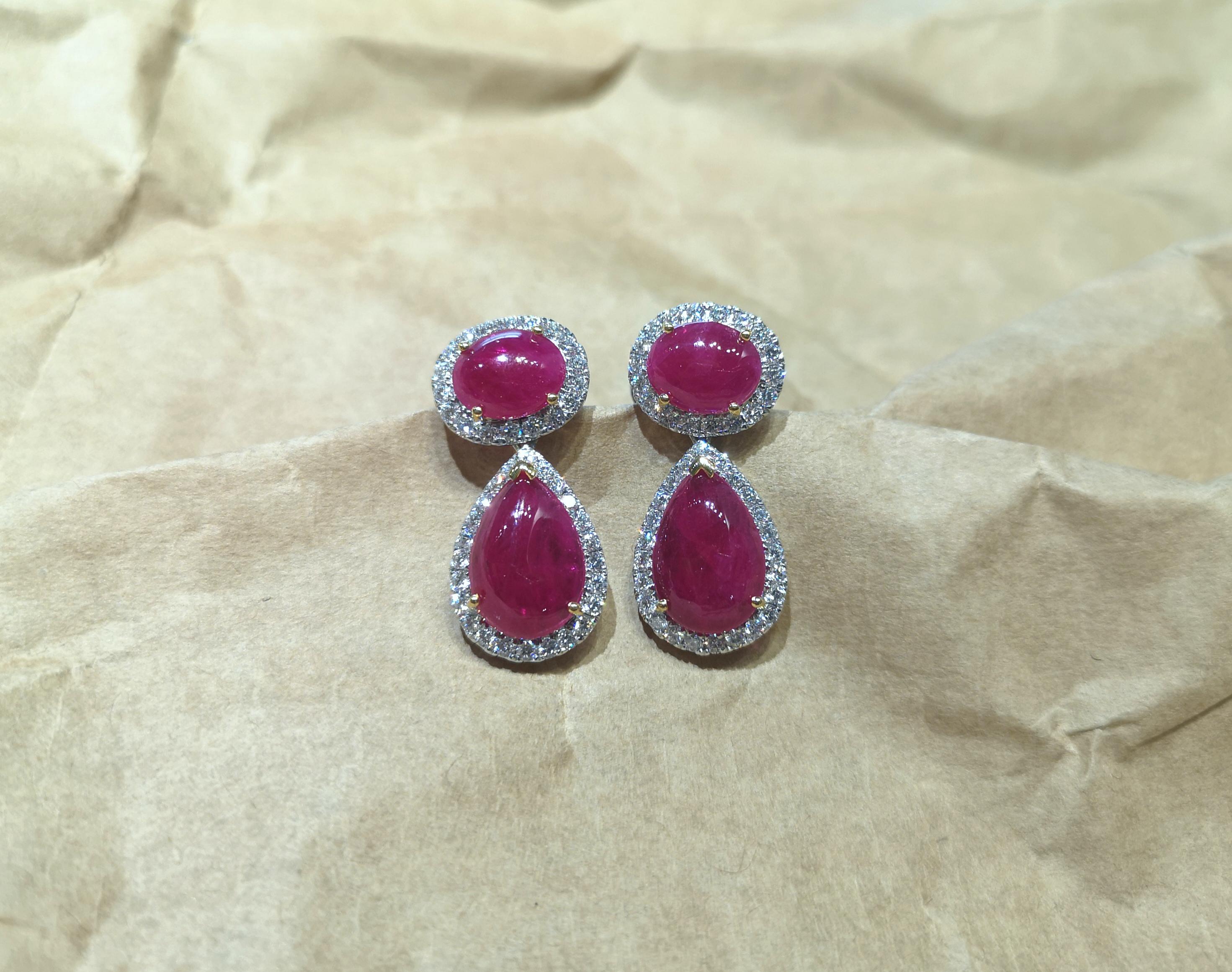 Cabochon Ruby with Diamond Earrings set in 18K White Gold Settings In New Condition For Sale In Bangkok, TH