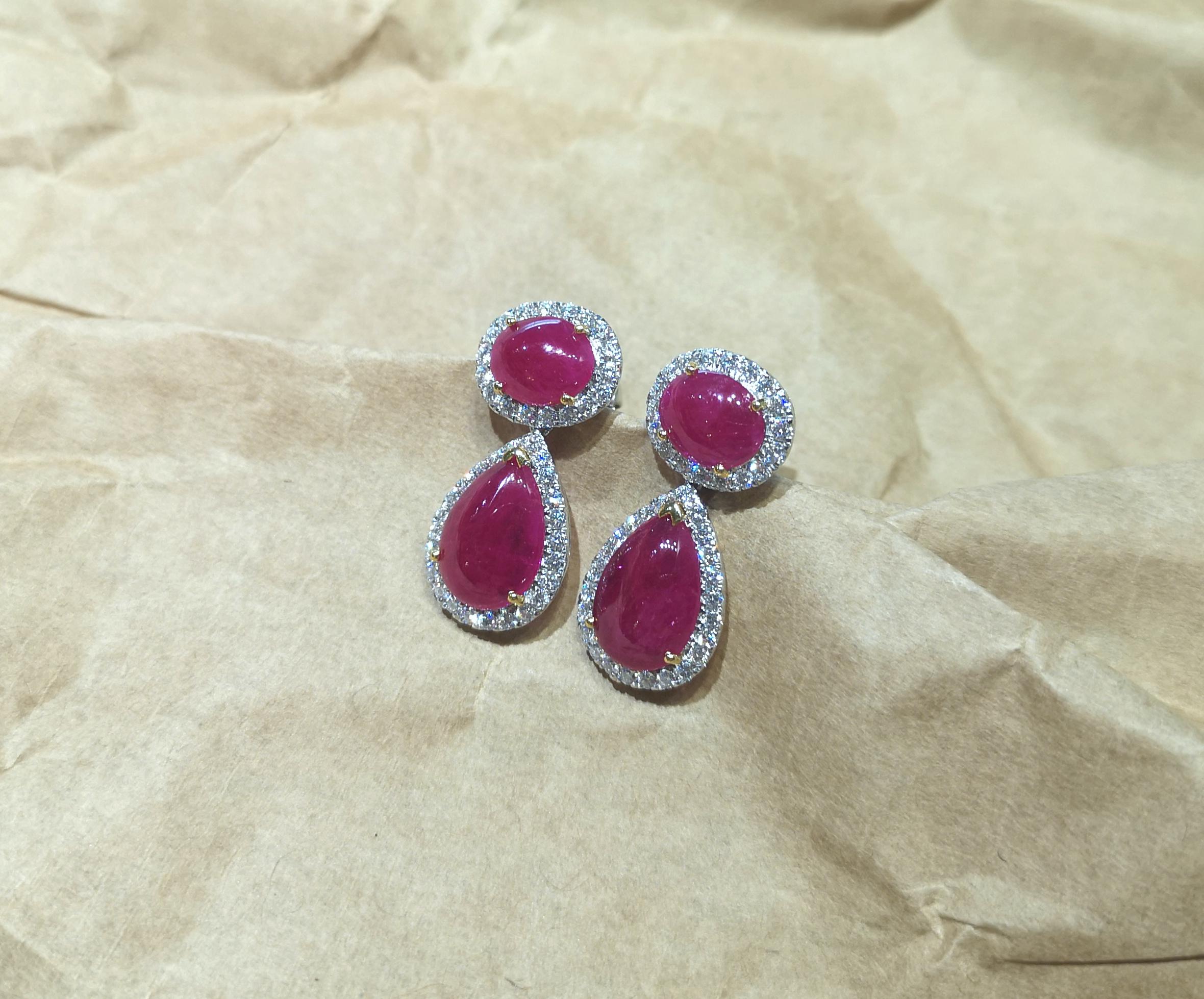 Women's Cabochon Ruby with Diamond Earrings set in 18K White Gold Settings For Sale