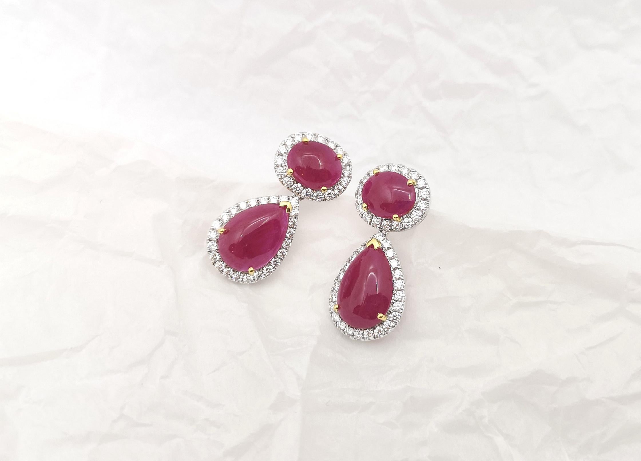 Cabochon Ruby with Diamond Earrings set in 18K White Gold Settings For Sale 3