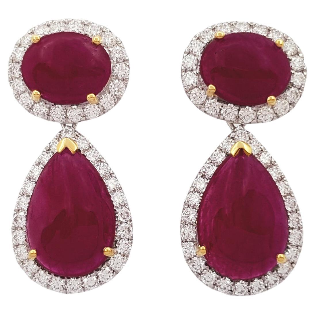Cabochon Ruby with Diamond Earrings set in 18K White Gold Settings For Sale