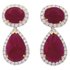 Cabochon Ruby with Diamond Earrings set in 18K White Gold Settings
