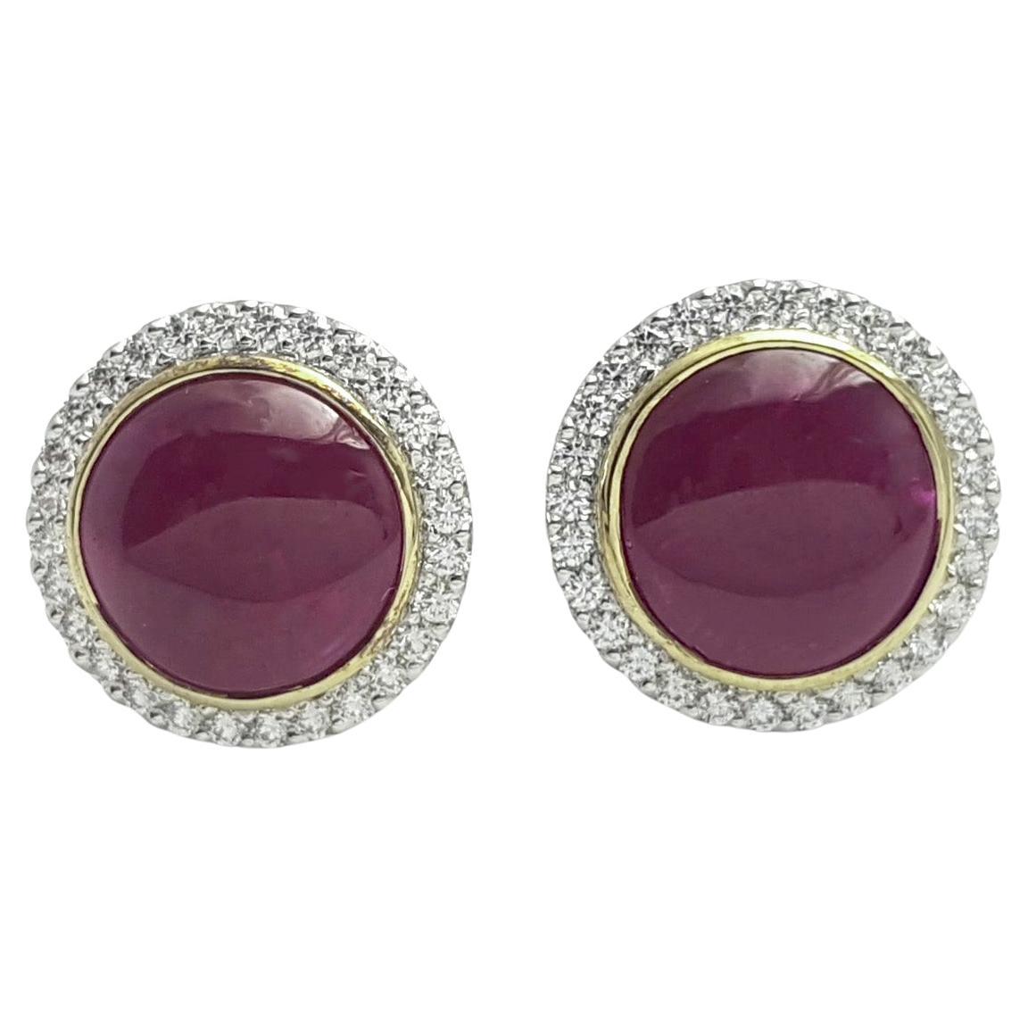 Cabochon Ruby with Diamond Earrings set in 18K White Gold Settings For Sale