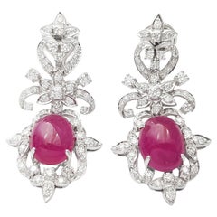 Cabochon Ruby with Diamond Earrings set in 18K White Gold Settings