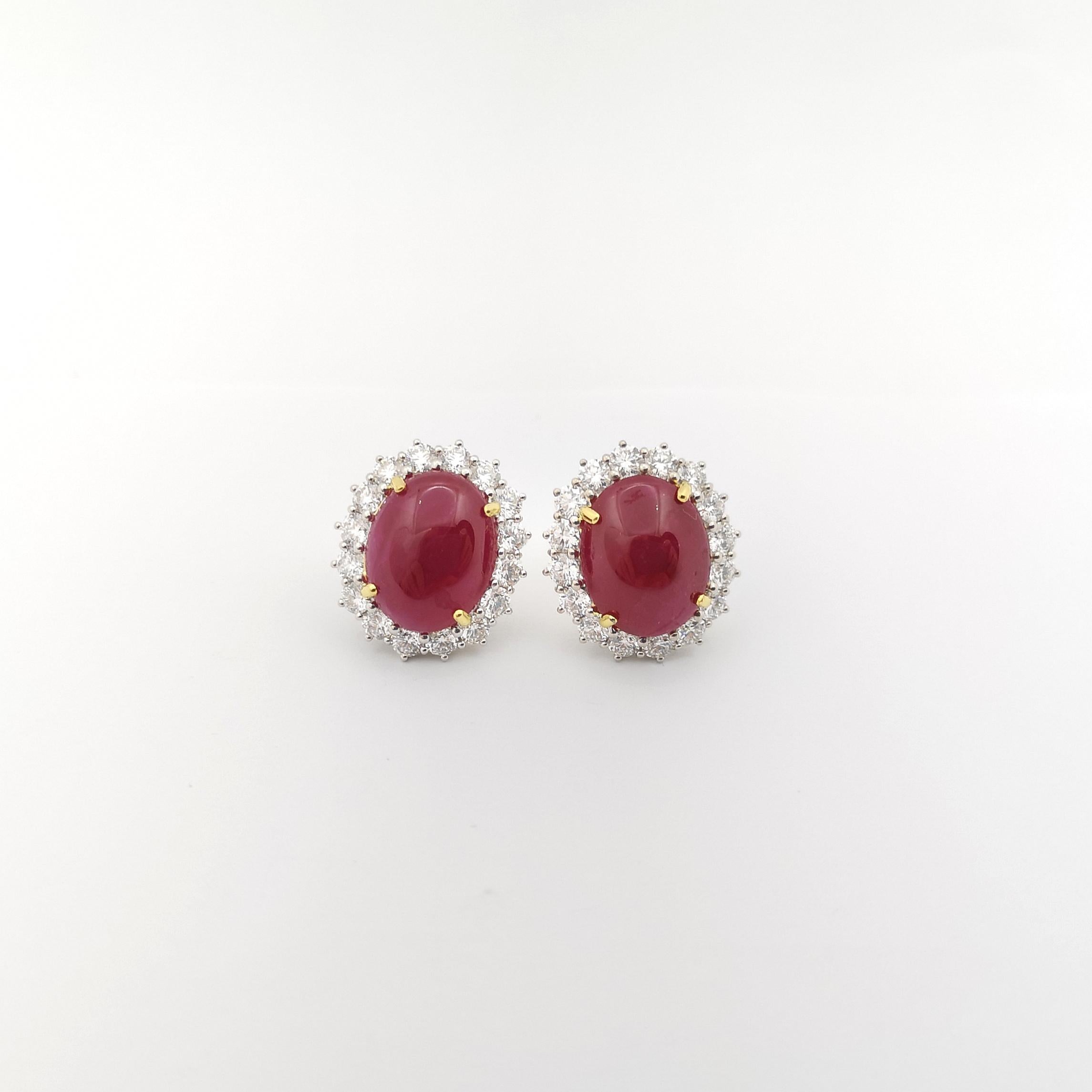 Cabochon Ruby with Diamond Earrings set in 18K Yellow/White Gold Settings In New Condition For Sale In Bangkok, TH