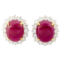 Cabochon Ruby with Diamond Earrings set in 18K Yellow/White Gold Settings