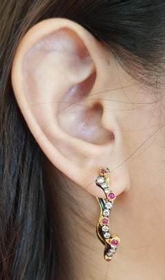 Cabochon Ruby with Diamond Organic Hoop Earrings Set in 18 Karat Gold Settings