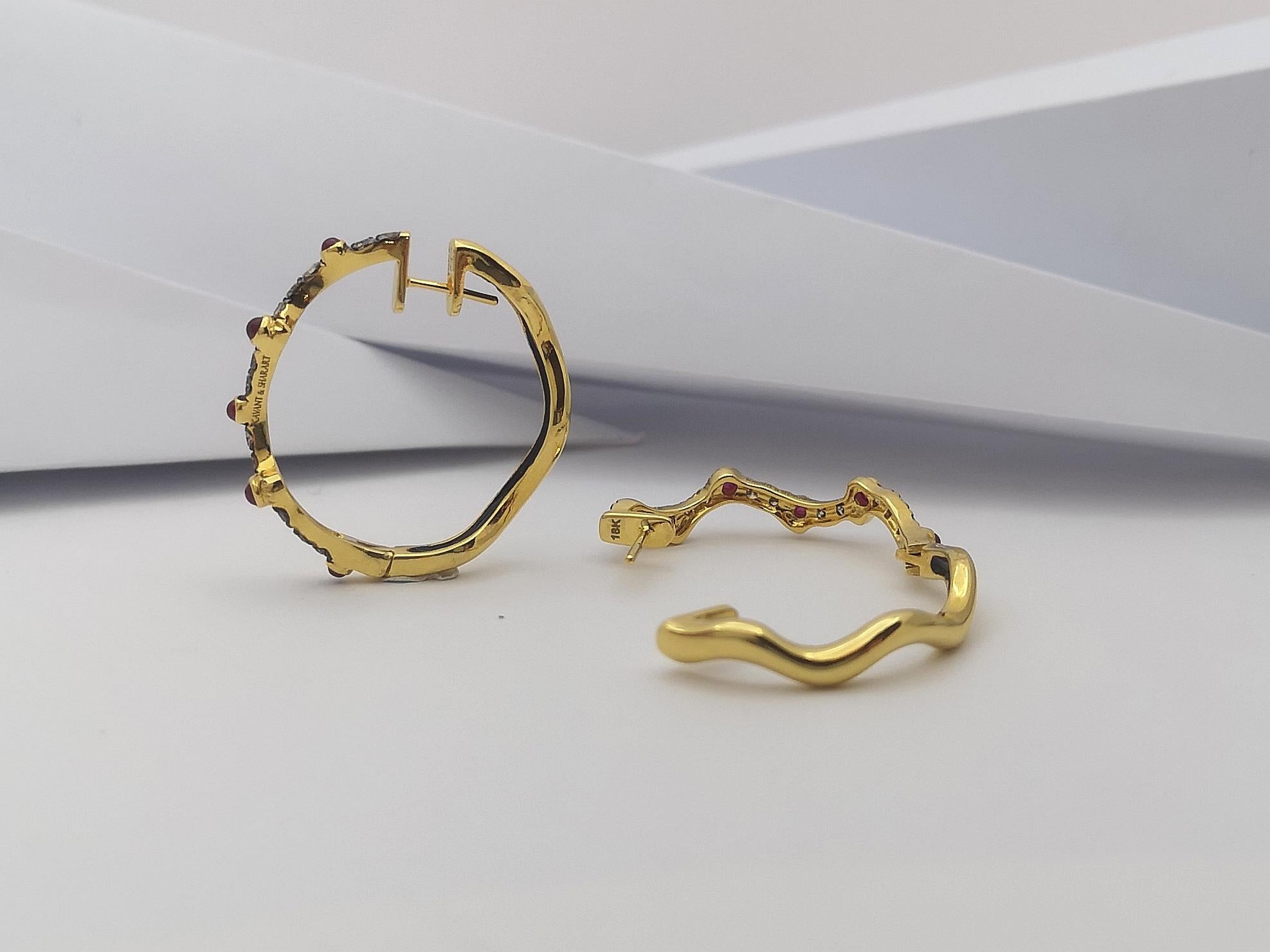 Women's Cabochon Ruby with Diamond Organic Hoop Earrings Set in 18 Karat Gold Settings For Sale