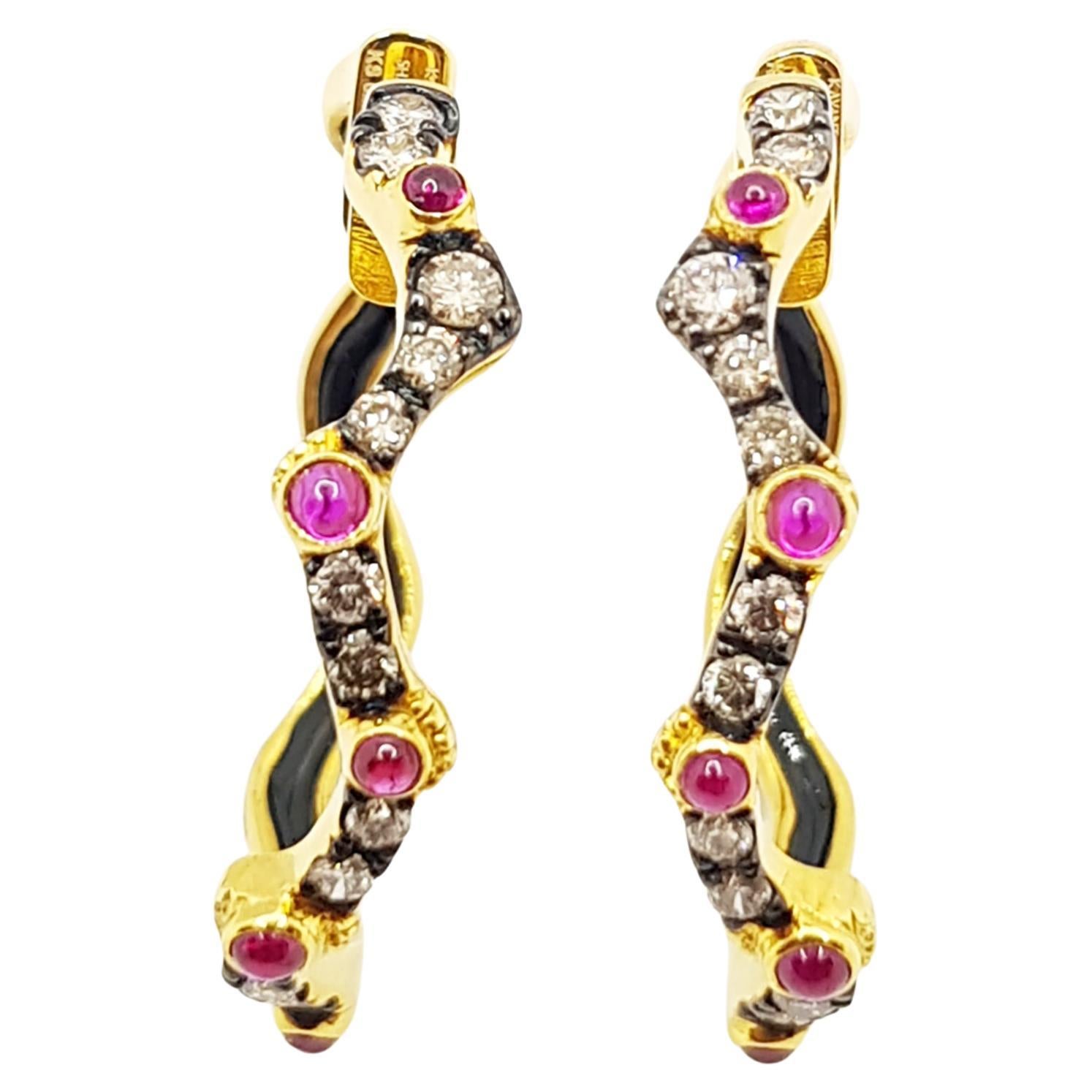 Cabochon Ruby with Diamond Organic Hoop Earrings Set in 18 Karat Gold Settings For Sale