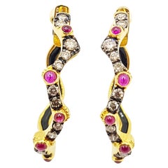 Cabochon Ruby with Diamond Organic Hoop Earrings Set in 18 Karat Gold Settings