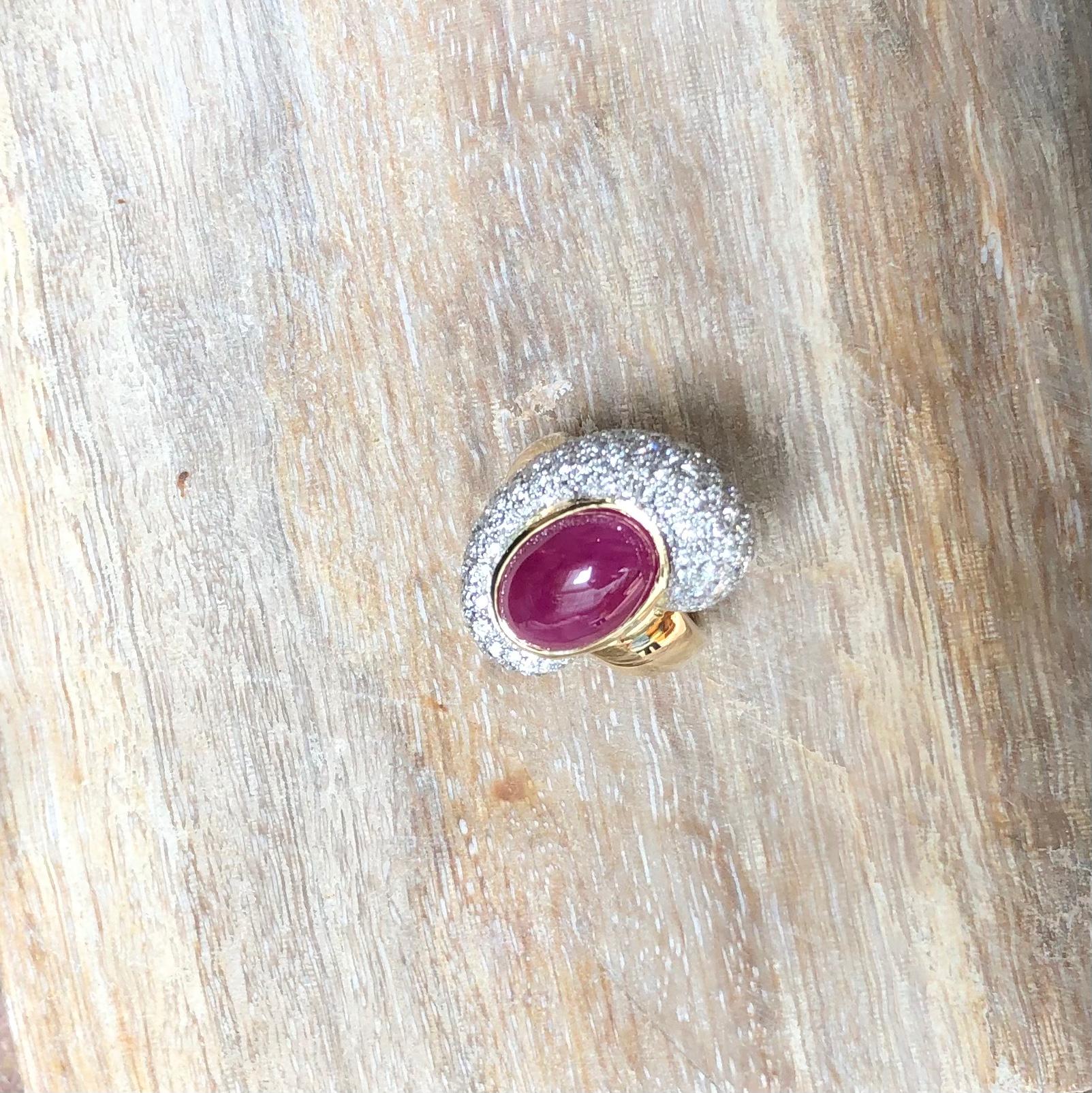 Cabochon Ruby with Diamond Ring set in 18 Karat Gold Settings For Sale 8
