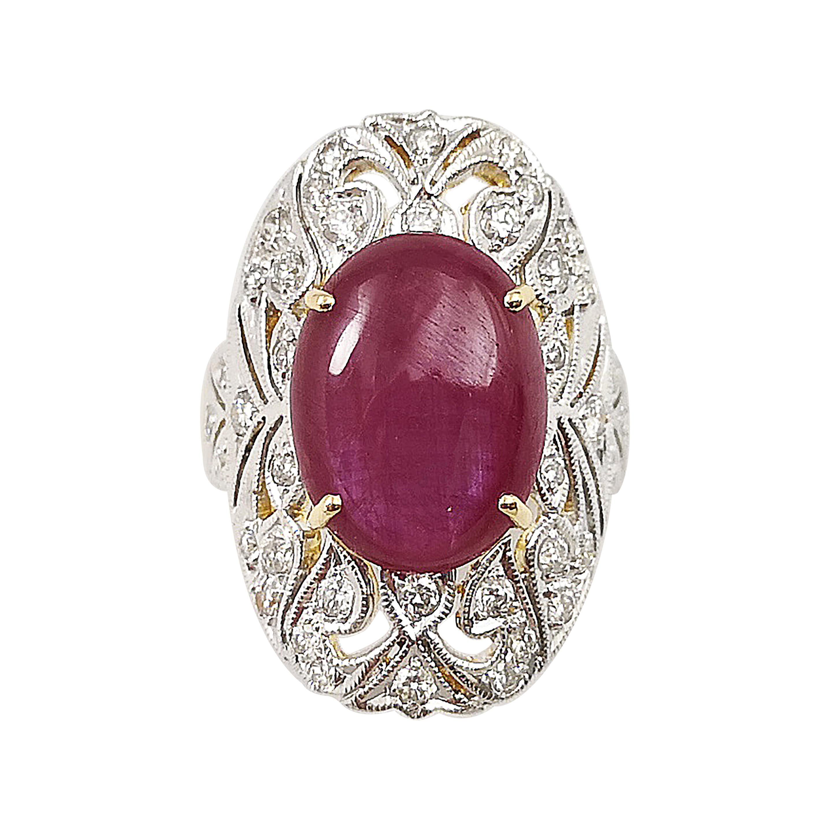 Cabochon Ruby with Diamond Ring Set in 18 Karat Gold Settings For Sale