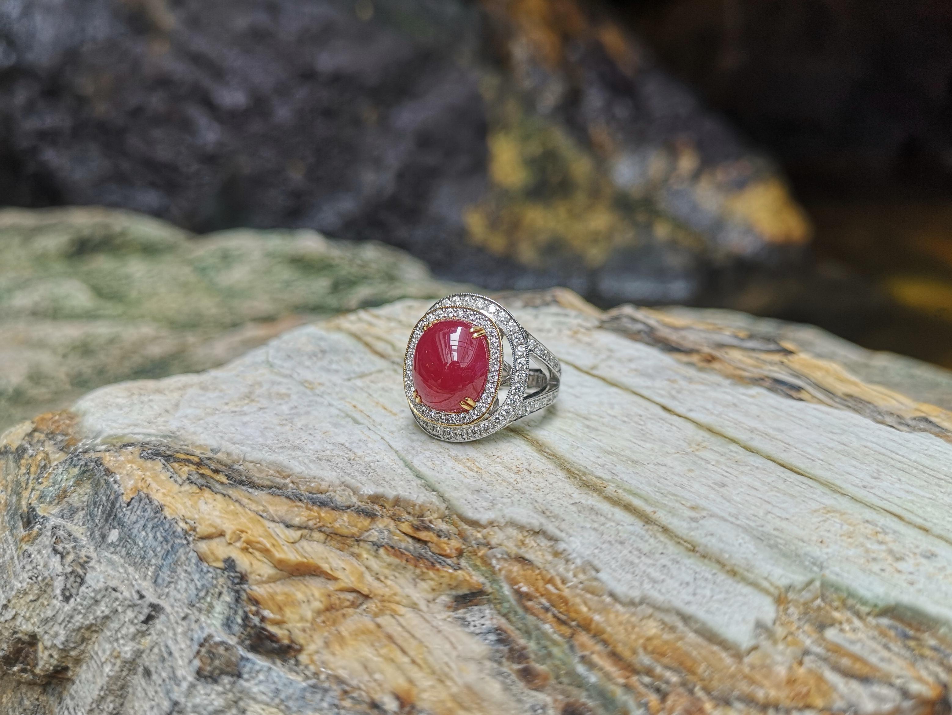 Cabochon Ruby with Diamond Ring Set in 18 Karat White Gold Settings For Sale 7