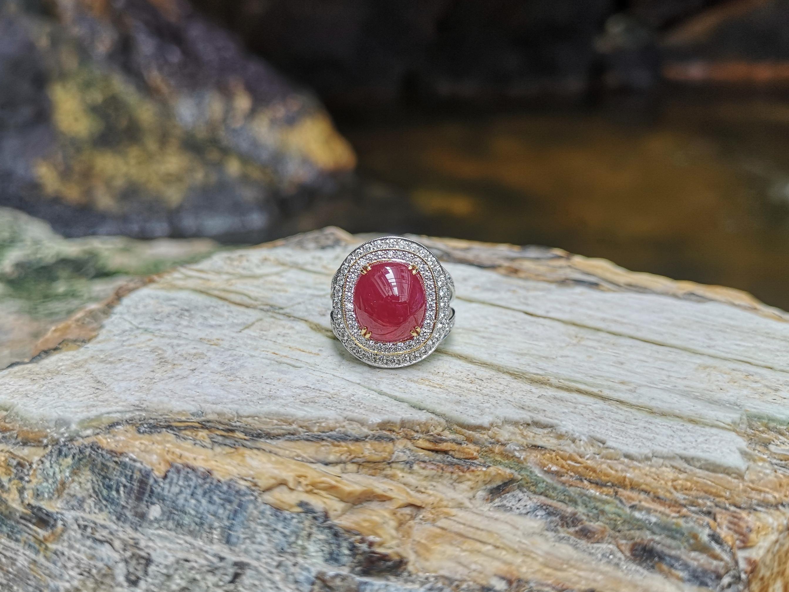 Cabochon Ruby with Diamond Ring Set in 18 Karat White Gold Settings For Sale 8