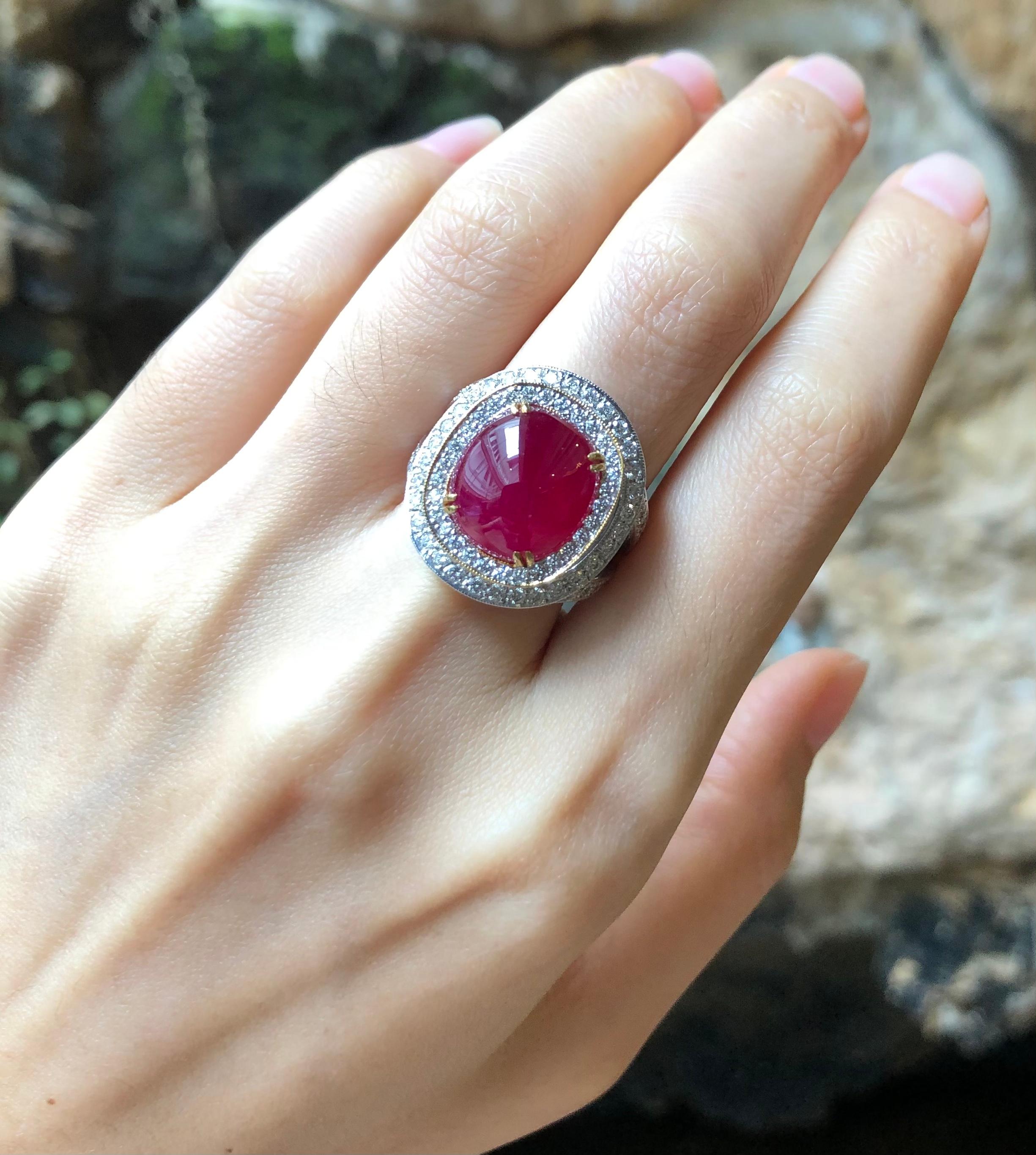 Women's Cabochon Ruby with Diamond Ring Set in 18 Karat White Gold Settings For Sale