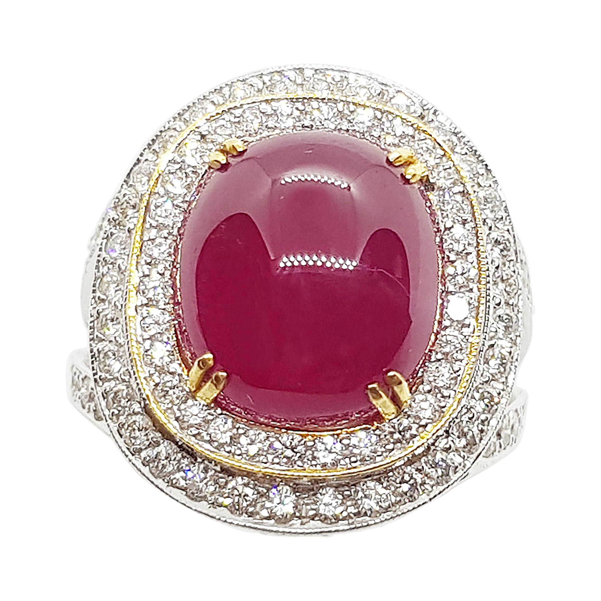 Cabochon Ruby with Diamond Ring Set in 18 Karat White Gold Settings For Sale