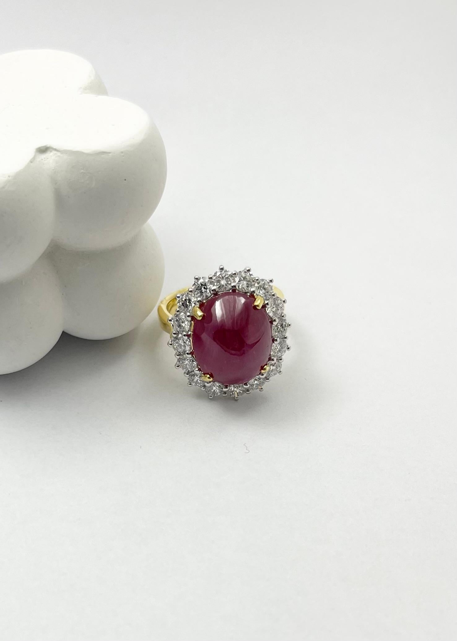 Cabochon Ruby with Diamond Ring set in 18K Gold Setting For Sale 5