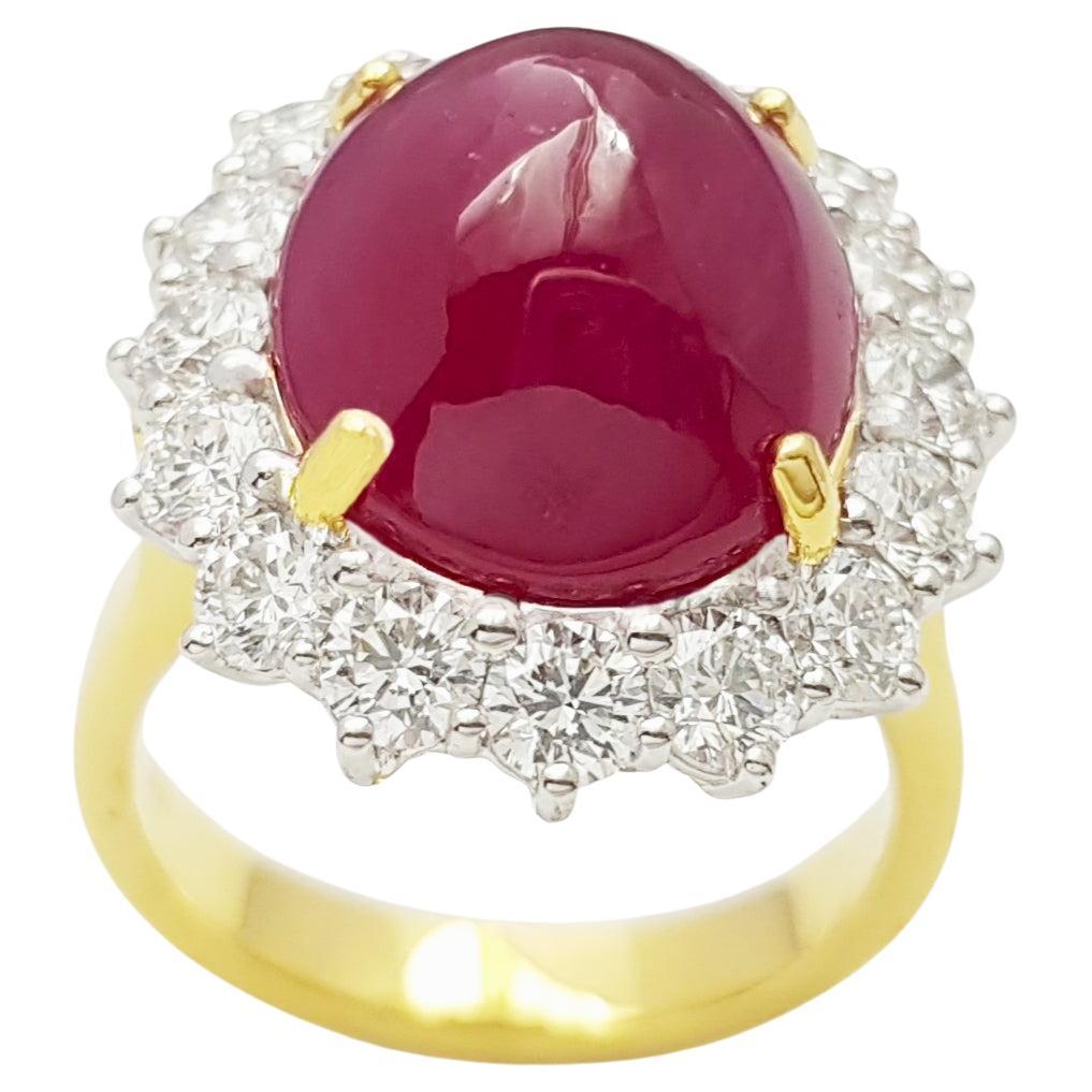 Cabochon Ruby with Diamond Ring set in 18K Gold Setting For Sale