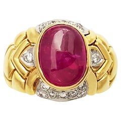 Cabochon Ruby with Diamond Ring set in 18K Gold Settings