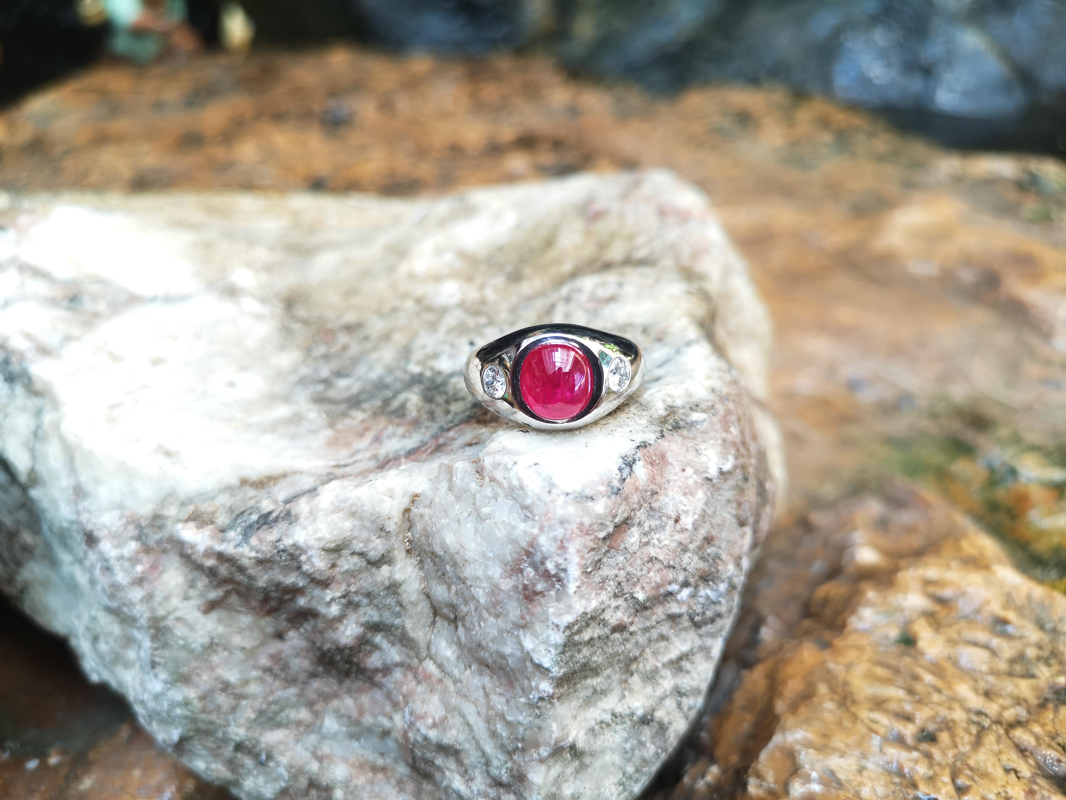 Contemporary Cabochon Ruby with Diamond Ring Set in Platinum 900 Settings For Sale