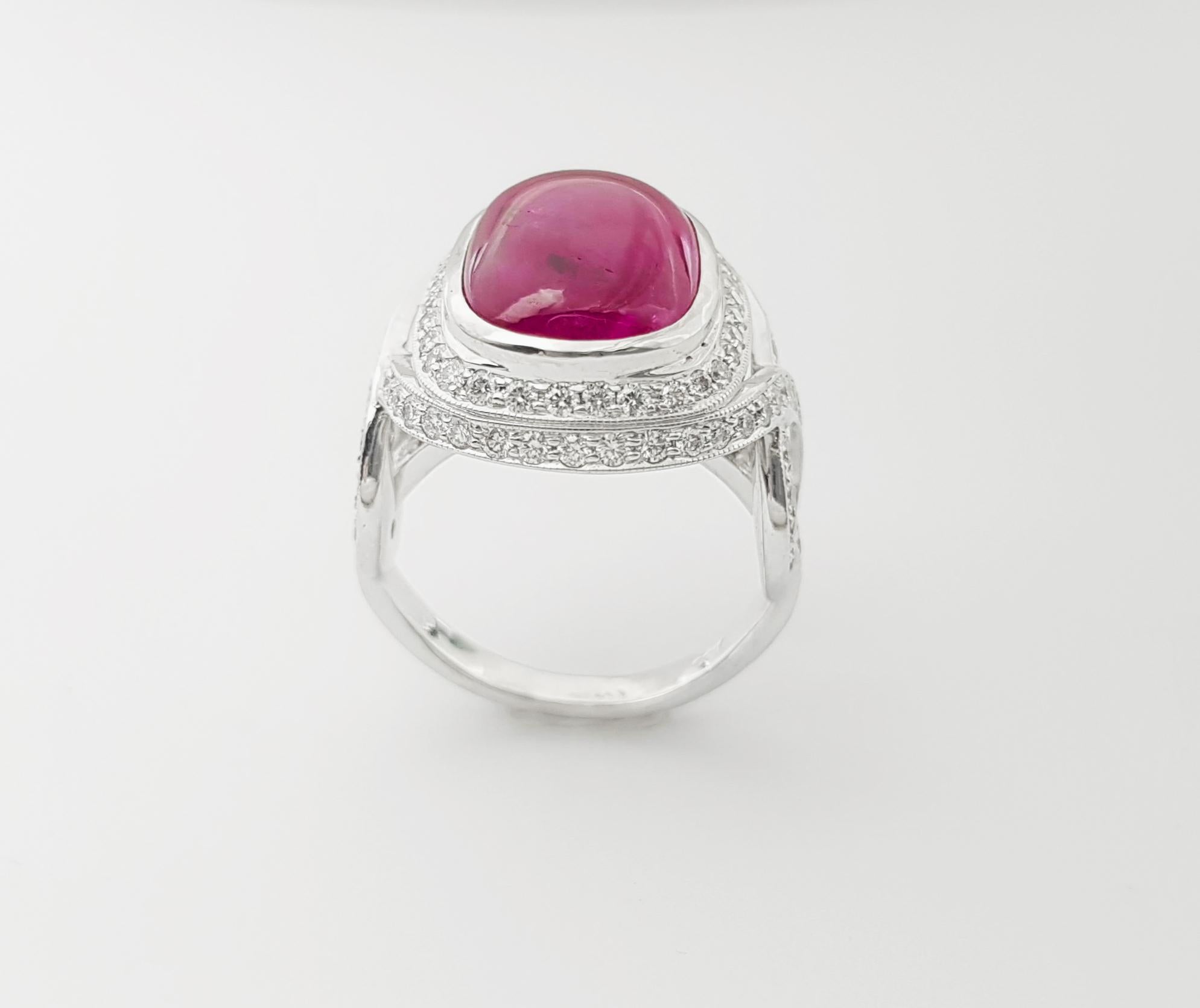Anello con rubino cabochon e diamante incastonato in oro bianco 18 carati in vendita 5