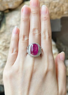 Cabochon Ruby with Diamond Ring set in18K White Gold Settings