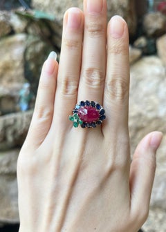 Cabochon Ruby with Emerald, Blue Sapphire and Diamond Ring set in 18K Rose Gold