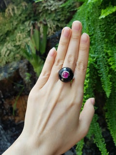 Cabochon Ruby with Onyx Ring Set in 18 Karat White Gold Settings