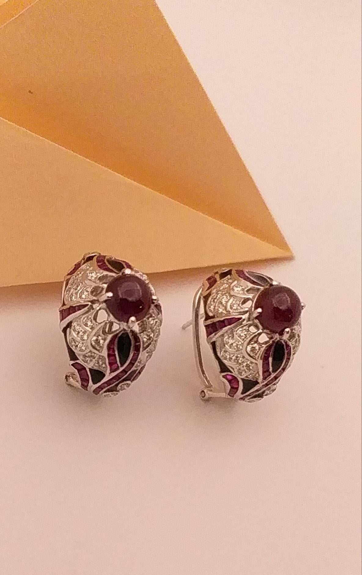 Cabochon Ruby with Ruby and Diamond Earrings Set in 18 Karat White Gold Settings For Sale 2