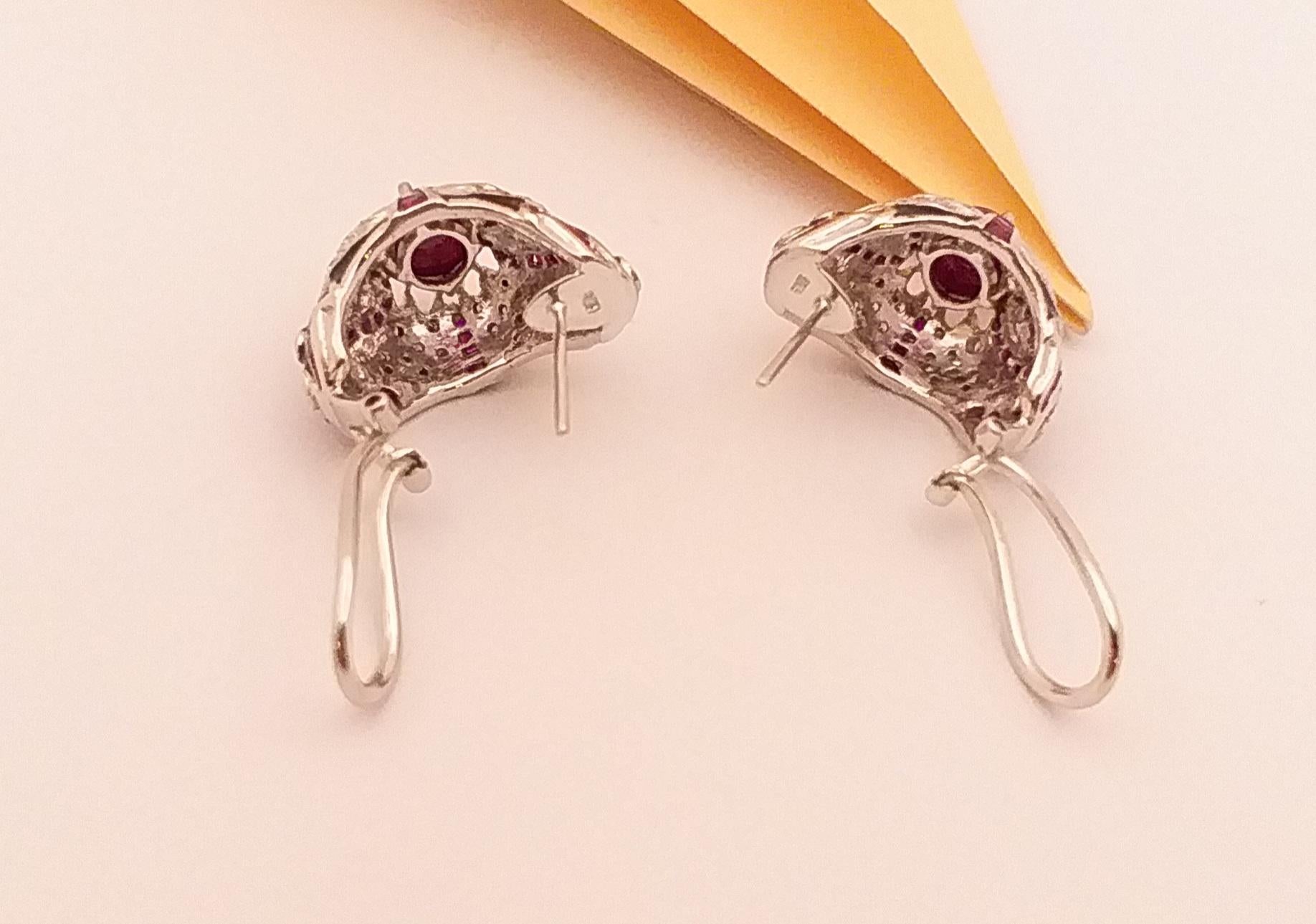 Art Nouveau Cabochon Ruby with Ruby and Diamond Earrings Set in 18 Karat White Gold Settings For Sale