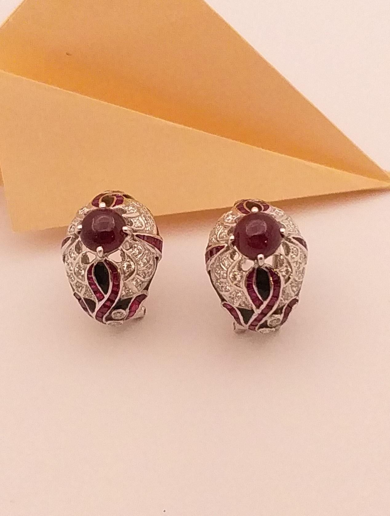 Cabochon Ruby with Ruby and Diamond Earrings Set in 18 Karat White Gold Settings In New Condition For Sale In Bangkok, TH