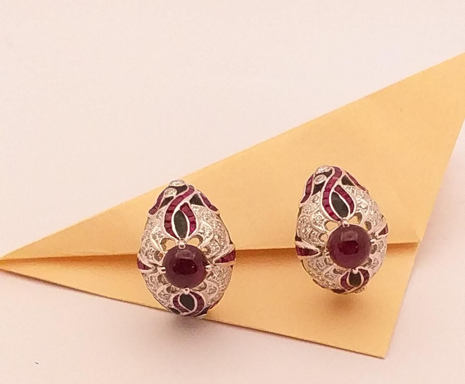 Cabochon Ruby with Ruby and Diamond Earrings Set in 18 Karat White Gold Settings For Sale 1