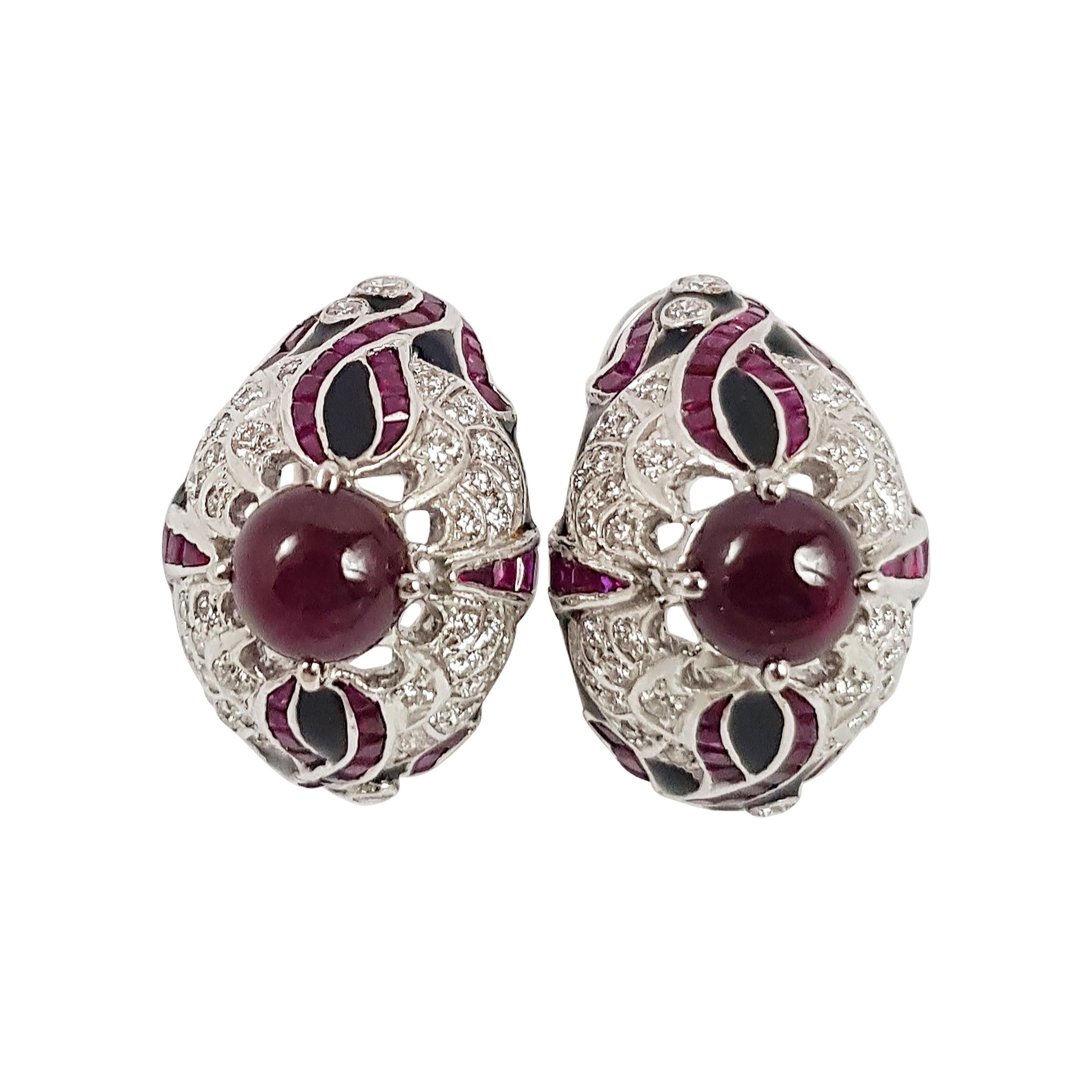 Cabochon Ruby with Ruby and Diamond Earrings Set in 18 Karat White Gold Settings For Sale
