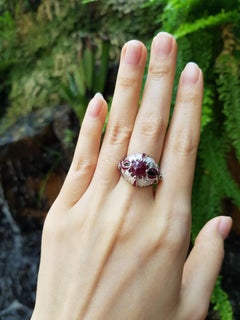 Cabochon Ruby with Ruby and Diamond Ring Set in 18 Karat White Gold Settings