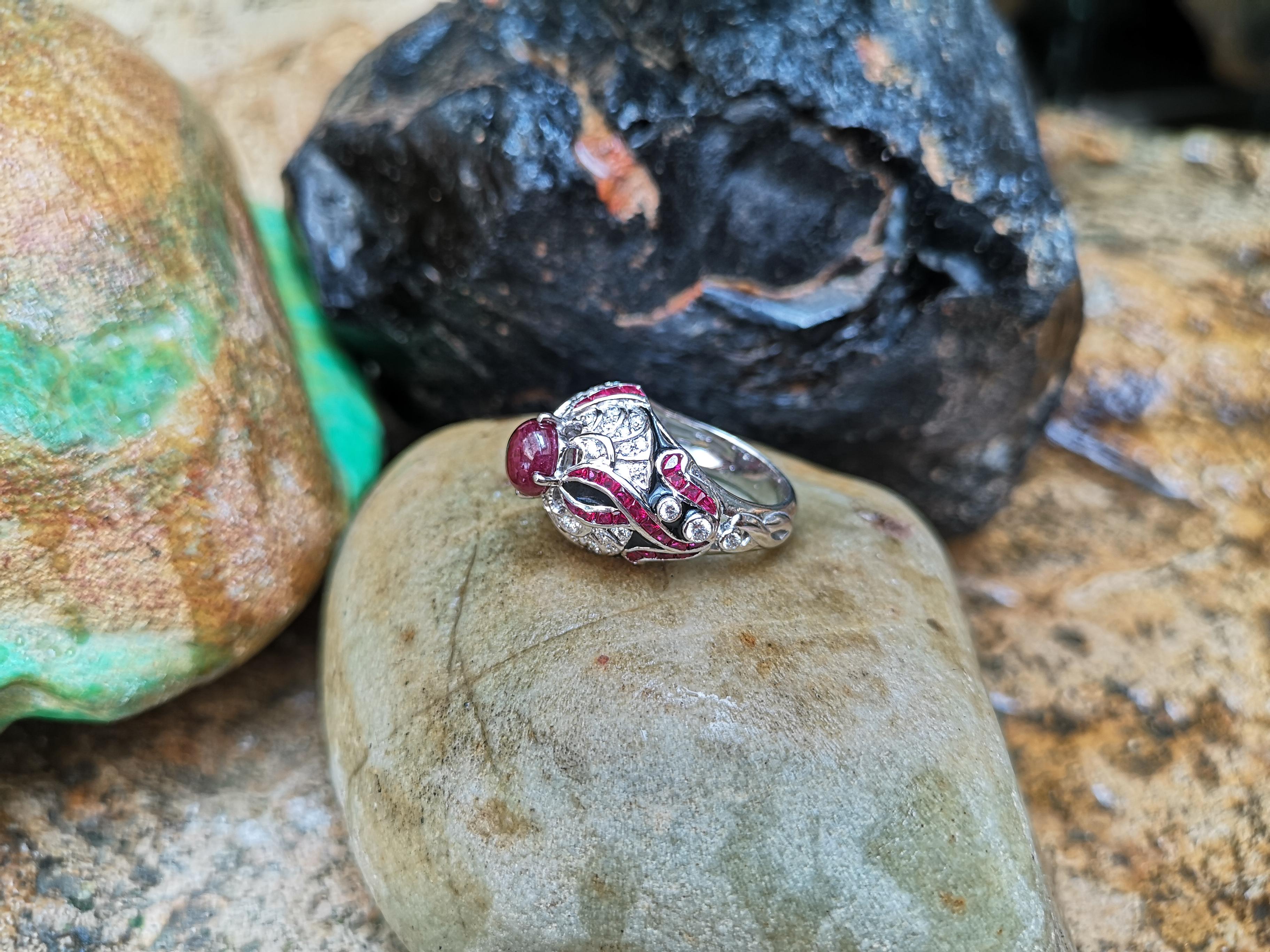 Art Nouveau Cabochon Ruby with Ruby and Diamond Ring Set in 18 Karat White Gold Settings For Sale