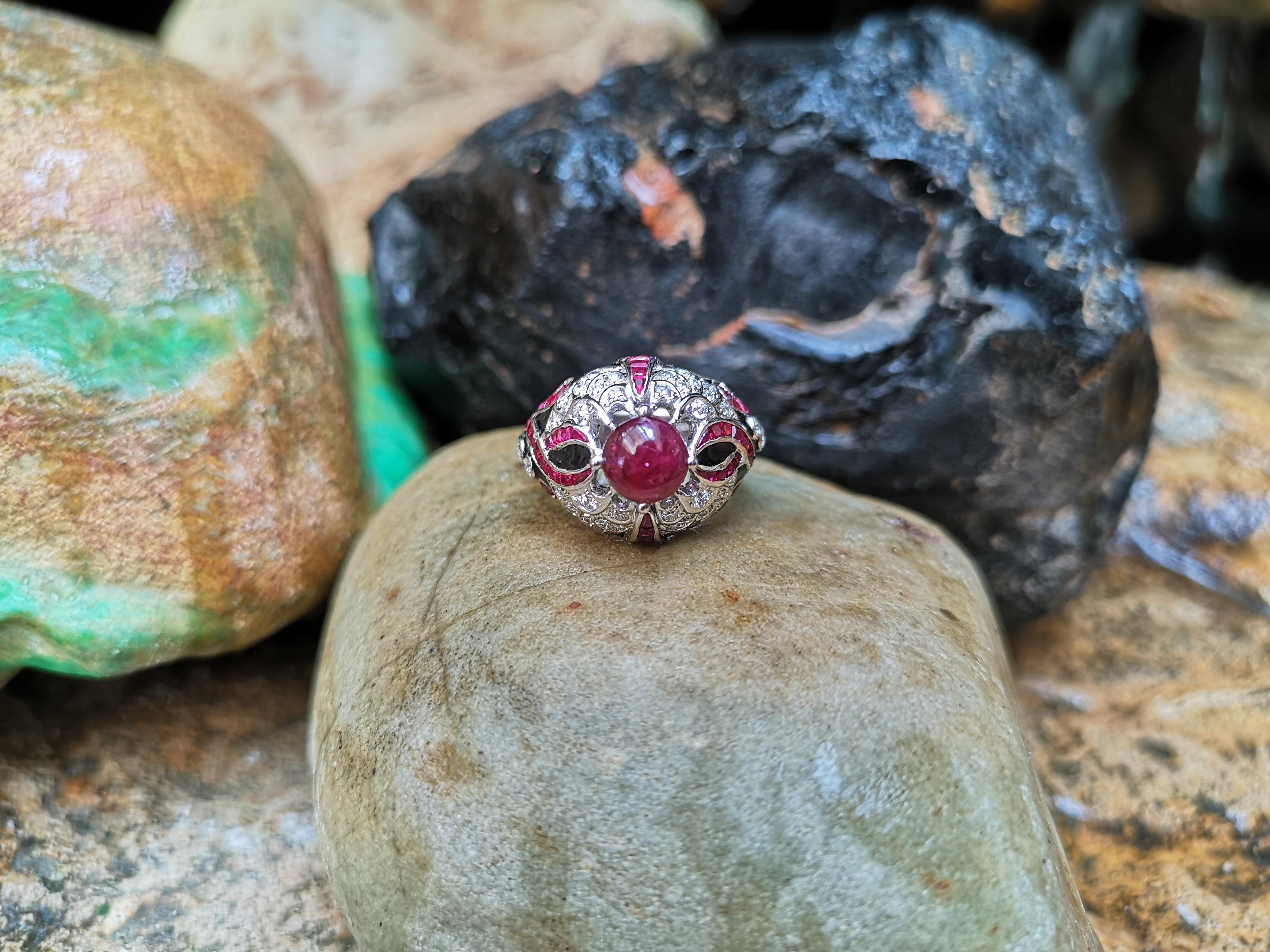 Women's Cabochon Ruby with Ruby and Diamond Ring Set in 18 Karat White Gold Settings For Sale