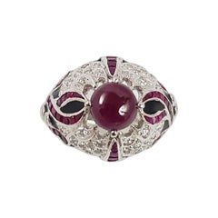 Cabochon Ruby with Ruby and Diamond Ring Set in 18 Karat White Gold Settings