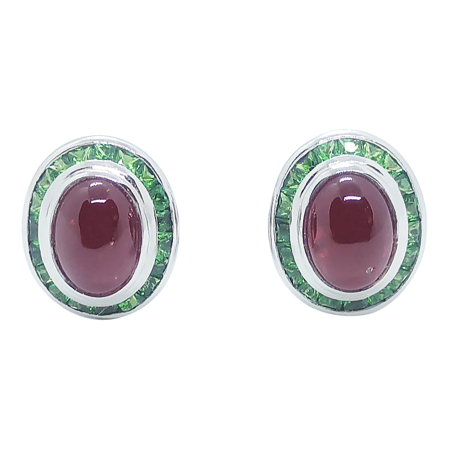 Cabochon Ruby with Tsavorite Earrings Set in 18 Karat White Gold Settings For Sale