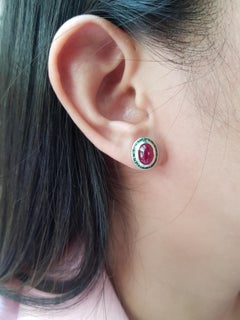 Cabochon Ruby with Tsavorite Earrings Set in 18 Karat White Gold Settings