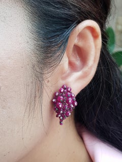 Cabochon Ruby with Tsavorite, Ruby and Diamond Earrings in 18 Karat White Gold