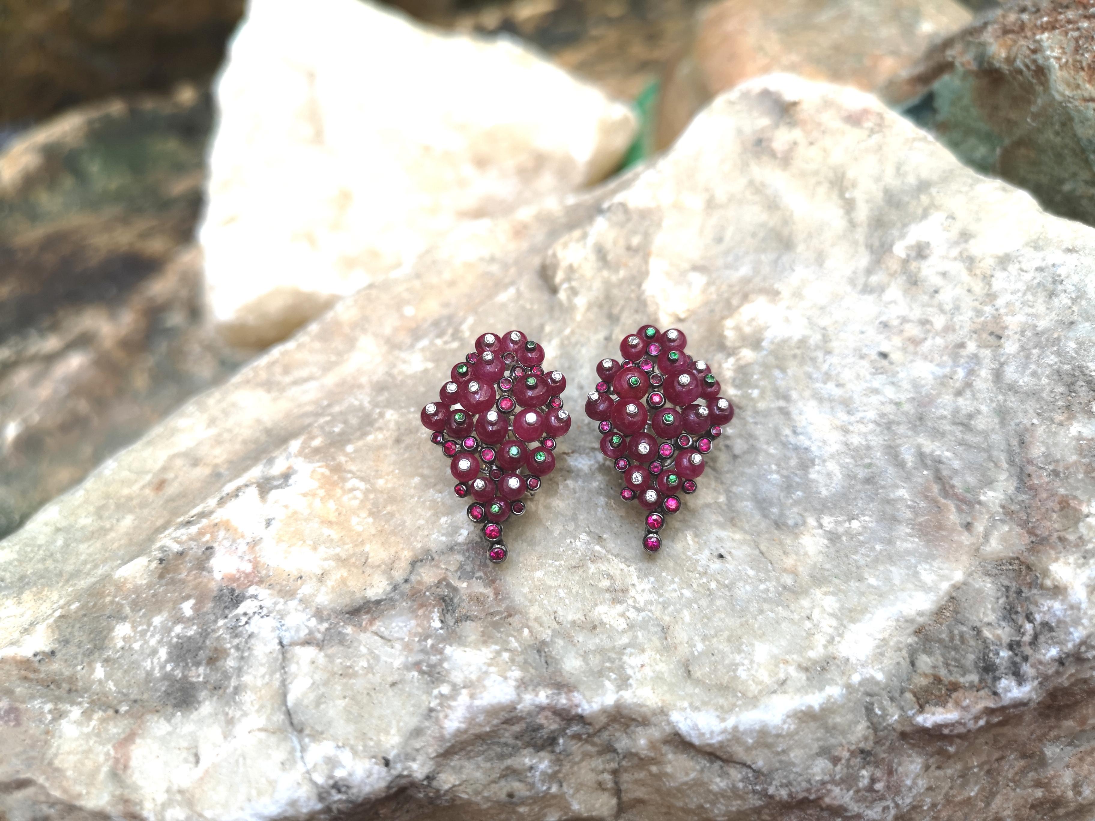 Cabochon Ruby with Tsavorite, Ruby and Diamond Earrings in 18 Karat White Gold 3