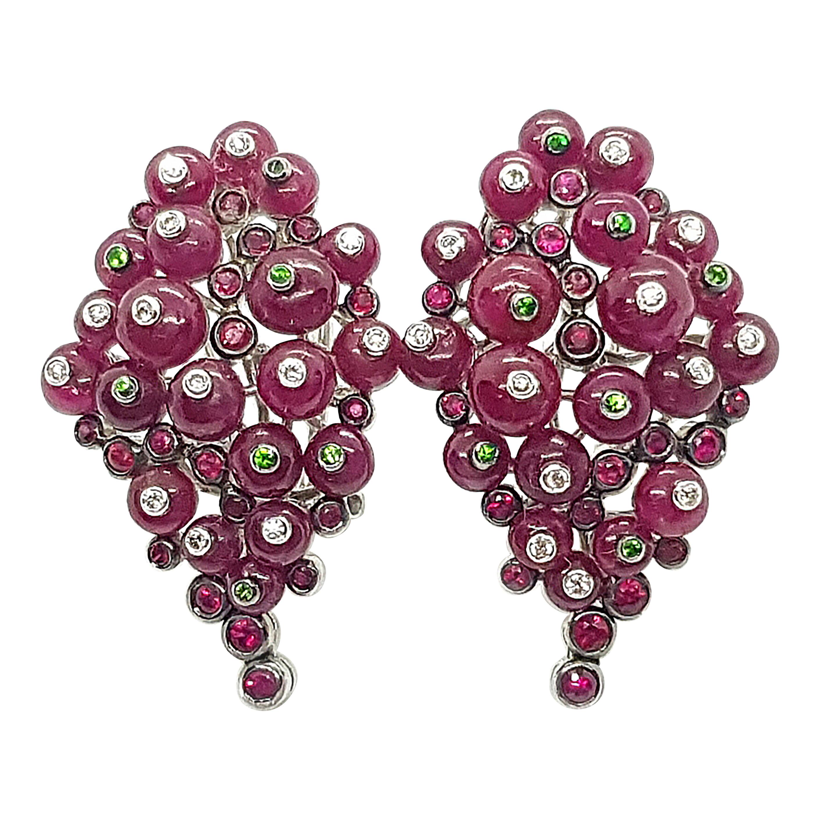Cabochon Ruby with Tsavorite, Ruby and Diamond Earrings in 18 Karat White Gold