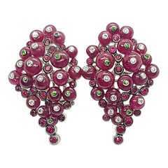 Cabochon Ruby with Tsavorite, Ruby and Diamond Earrings in 18 Karat White Gold