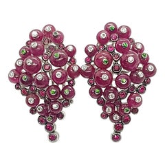 Cabochon Ruby with Tsavorite, Ruby and Diamond Earrings in 18 Karat White Gold Cabochon Ruby with Tsavorite, Ruby and Diamond Earrings in 18 Karat White Gold