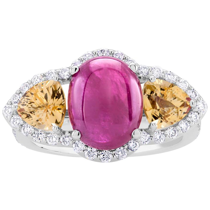 Cabochon Ruby Yellow Sapphire Diamond Cocktail Gold Ring Weighing 5.63 Carat