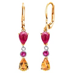 Cabochon Ruby Yellow Sapphire Lever Back Gold Hoop Earrings
