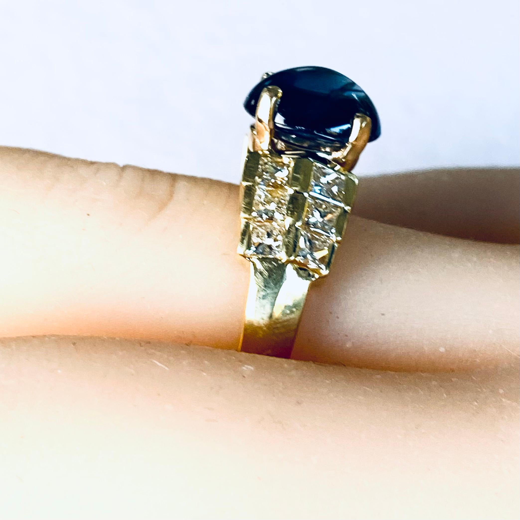 Princess Cut Cabochon Sapphire 4.14 Carat Princess Diamonds 1.20 Carat 18 Karat Gold Ring  For Sale